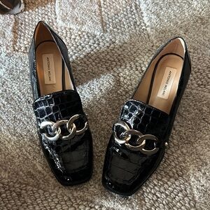 ANTONIO MELANI Glossy Black Loafers with Chain Detail